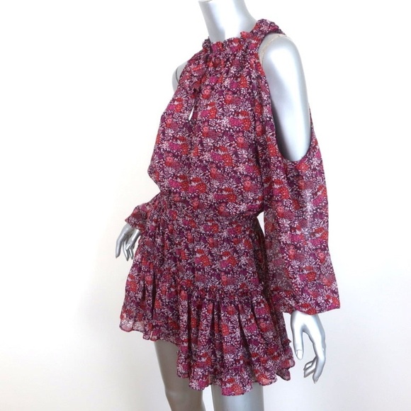 MISA Yesenia Purple Floral Chiffon Ruffle Cold Shoulder Mini Dress - Picture 5 of 7